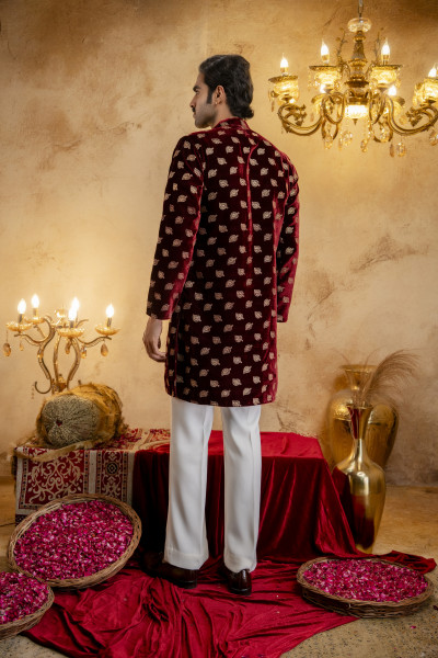 Red Velvet Foil Embroidered Kurta