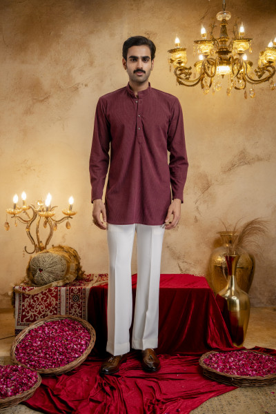 Corduroy Short Kurta In Wine