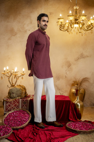 Corduroy Short Kurta In Wine