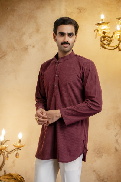 Corduroy Short Kurta In Wine