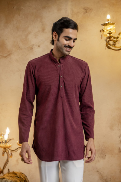 Corduroy Short Kurta In Wine