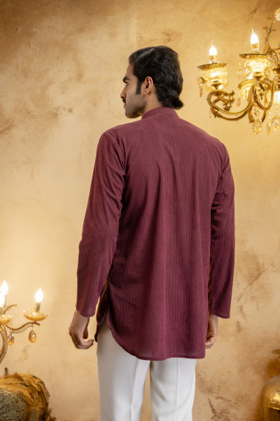 Corduroy Short Kurta In Wine