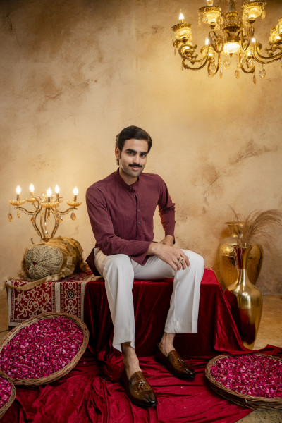Corduroy Short Kurta In Wine