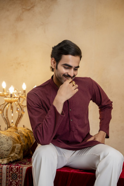 Corduroy Short Kurta In Wine