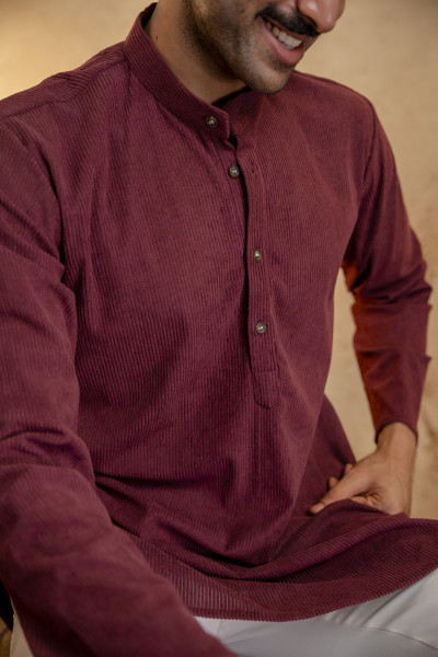 Corduroy Short Kurta In Wine