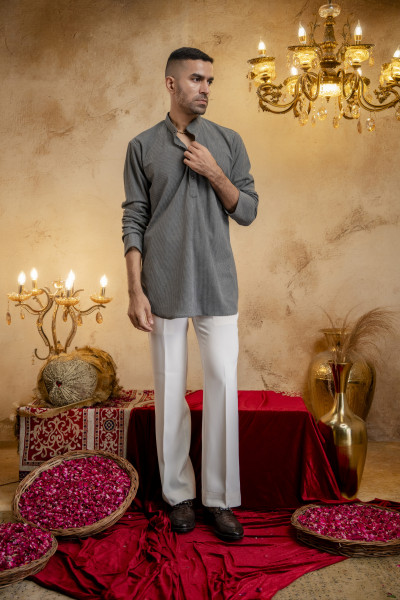 Corduroy Short Kurta In Grey