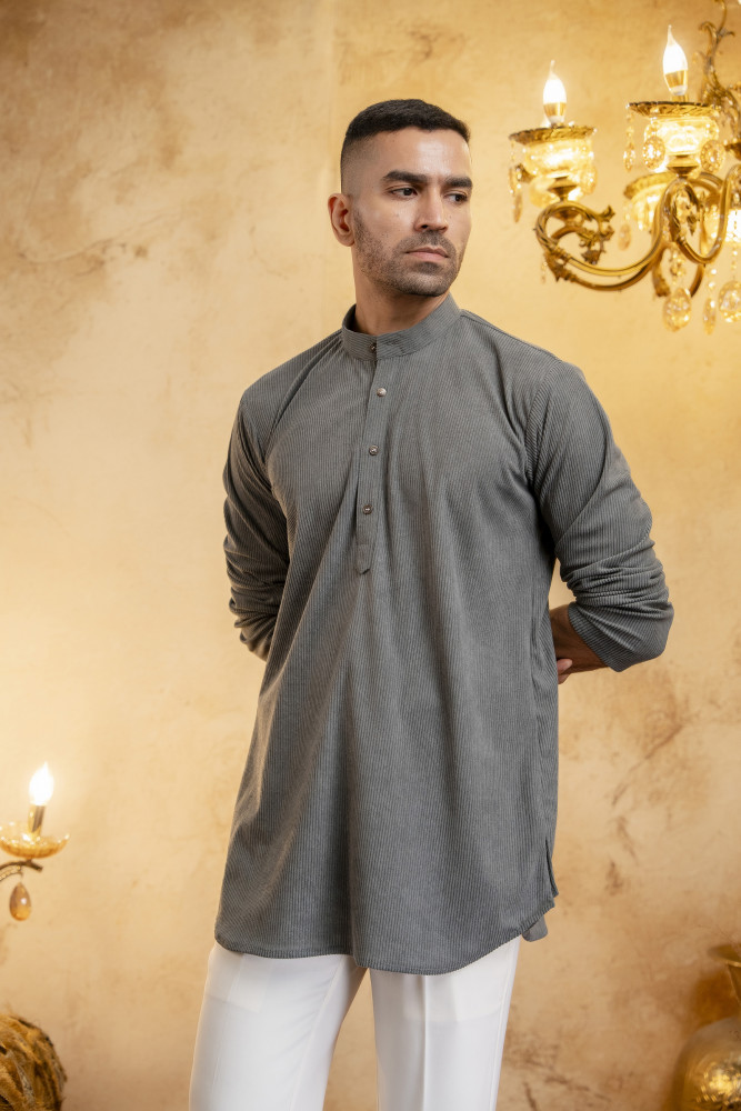 Image of Corduroy Short Kurta In Grey
