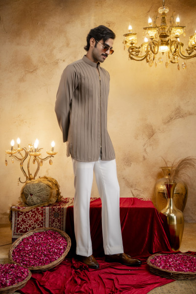Pintex Chained Japanese Short Kurta In Stone