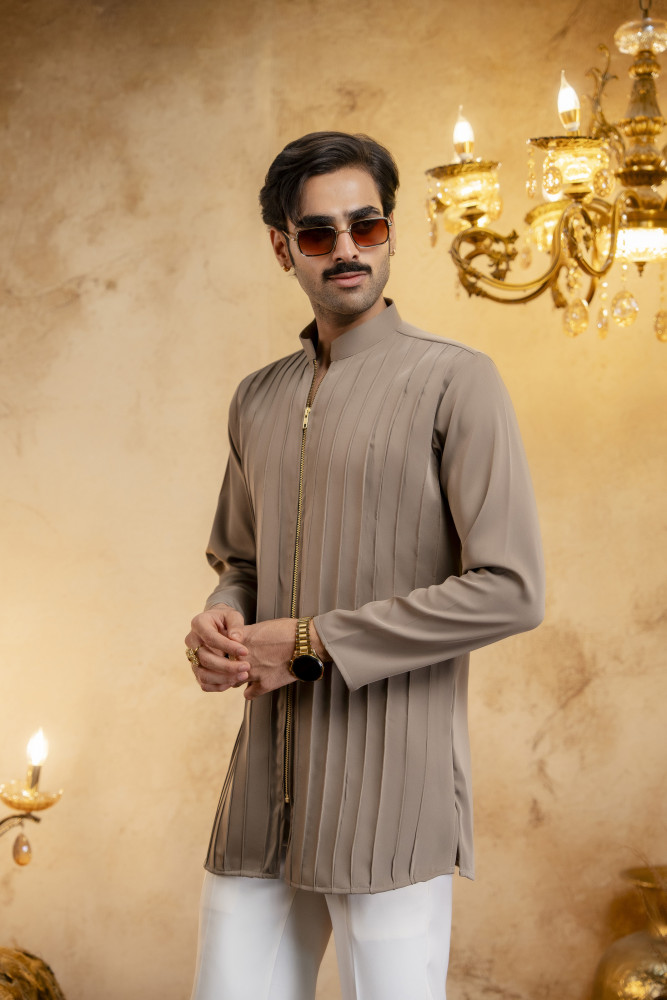 Image of Pintex Chained Japanese Short Kurta In Stone