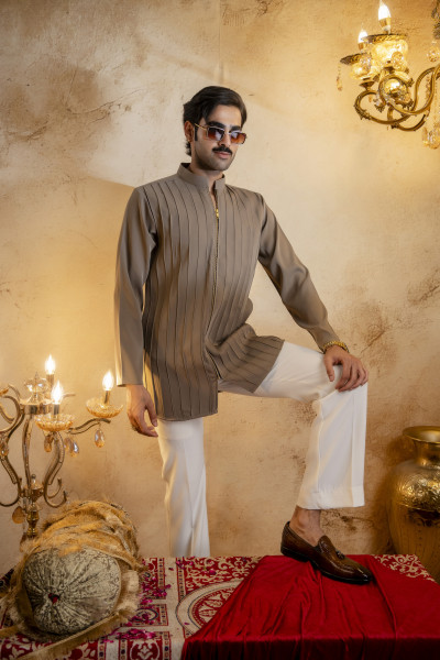 Pintex Chained Japanese Short Kurta In Stone