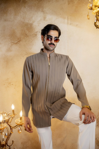 Pintex Chained Japanese Short Kurta In Stone