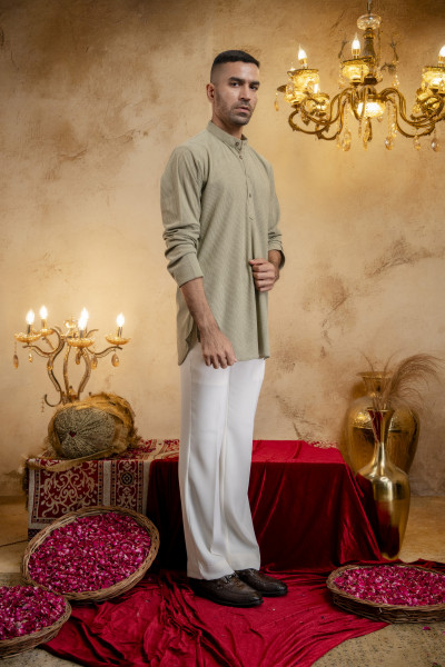 Corduroy Short Kurta In Off Green