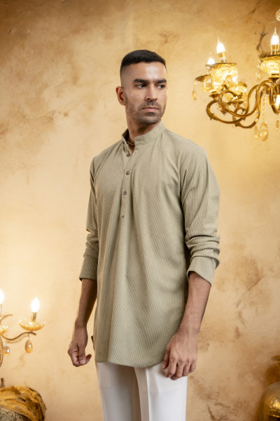 Corduroy Short Kurta In Off Green