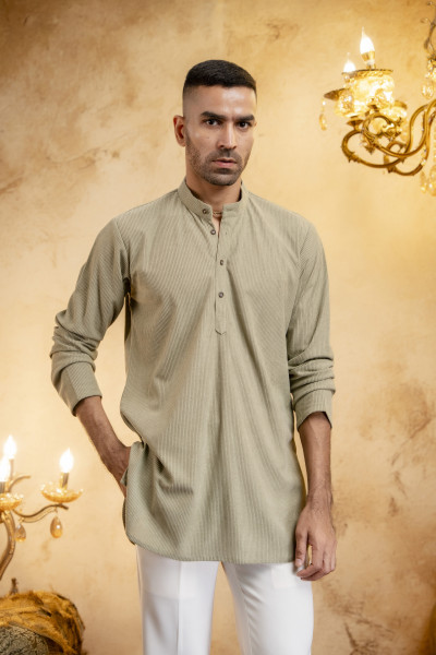 Corduroy Short Kurta In Off Green