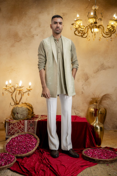 Lapelled Long Half Jacket In Off-Green