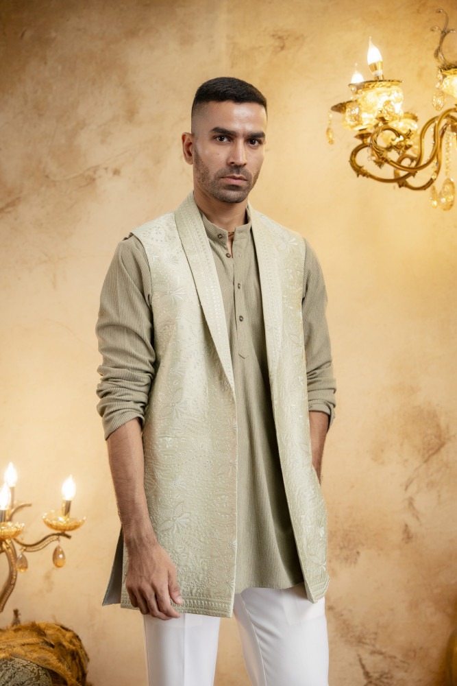 Image of Lapelled Long Half Jacket In Off-Green