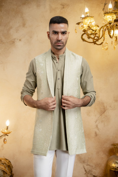 Lapelled Long Half Jacket In Off-Green