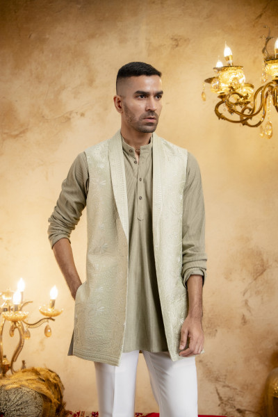 Lapelled Long Half Jacket In Off-Green
