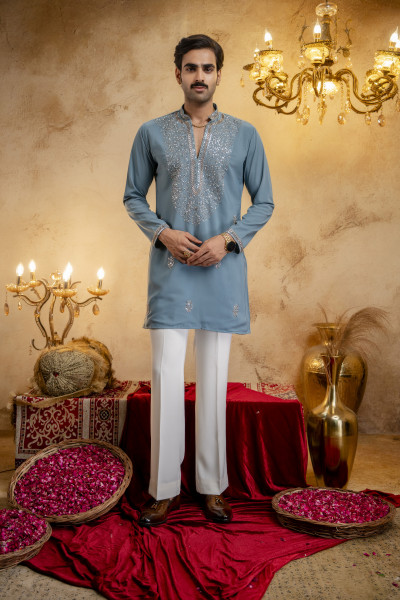 Cutdana Embroidered Kurta In Ocean Blue
