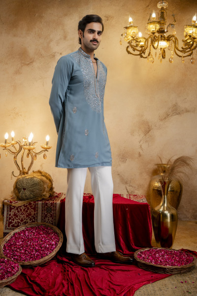 Cutdana Embroidered Kurta In Ocean Blue
