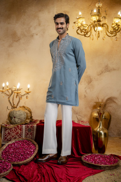 Cutdana Embroidered Kurta In Ocean Blue
