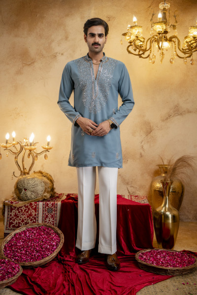 Cutdana Embroidered Kurta In Ocean Blue