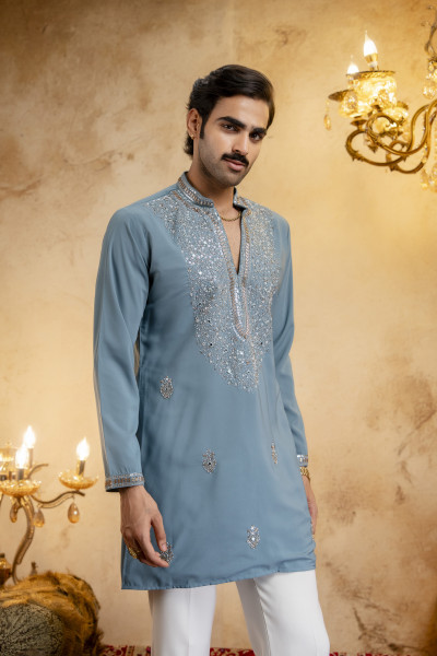 Cutdana Embroidered Kurta In Ocean Blue