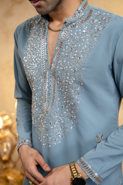 Cutdana Embroidered Kurta In Ocean Blue