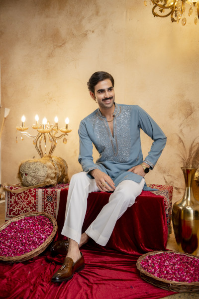 Cutdana Embroidered Kurta In Ocean Blue