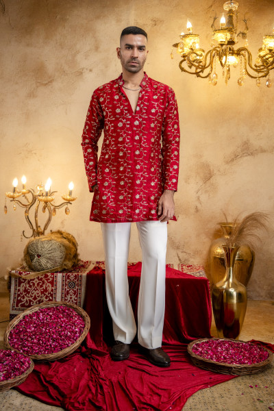 Sequence Embroidered Kurta Dupatta In Red