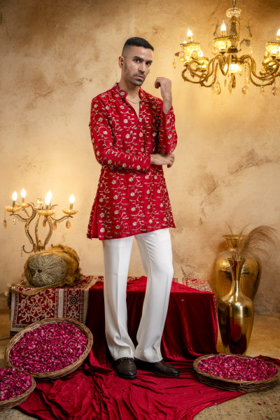 Sequence Embroidered Kurta Dupatta In Red