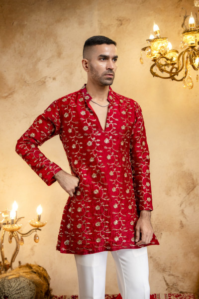 Sequence Embroidered Kurta Dupatta In Red
