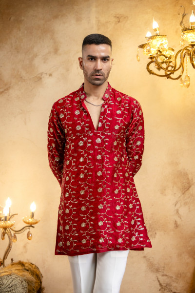 Sequence Embroidered Kurta Dupatta In Red