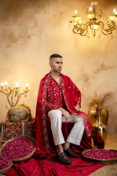 Sequence Embroidered Kurta Dupatta In Red