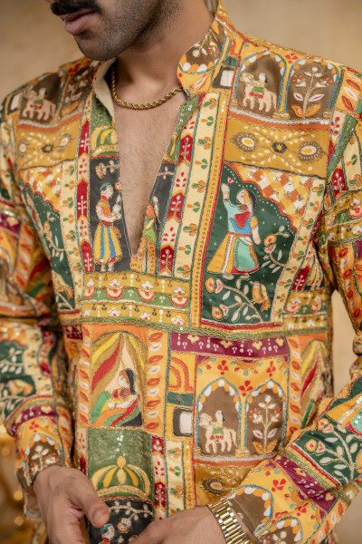 Foil Emboss Printed Kurta In Yellow