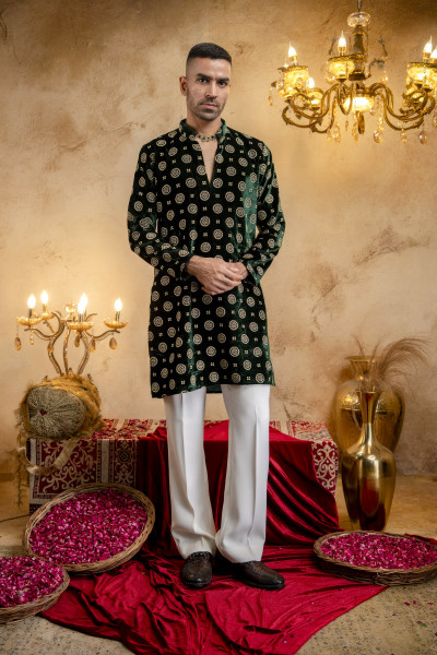 Green Velvet Foil Work Kurta