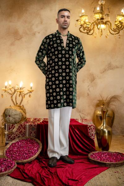 Green Velvet Foil Work Kurta