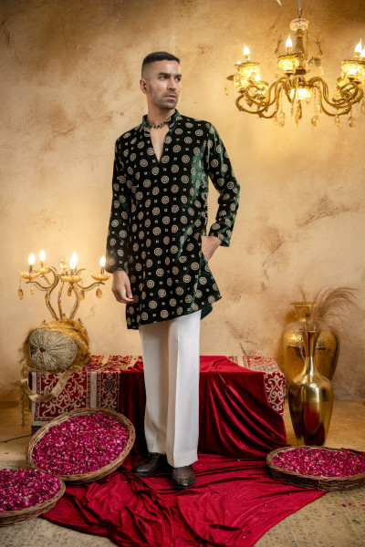 Green Velvet Foil Work Kurta