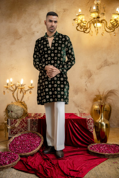 Green Velvet Foil Work Kurta