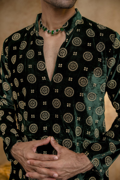 Green Velvet Foil Work Kurta