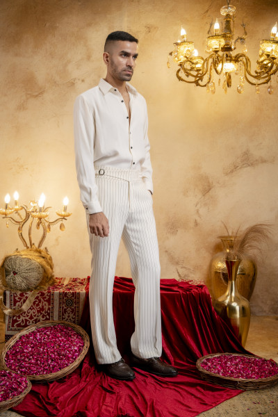 Striped Japanese Bootcut Gurkha Pants In Off-White