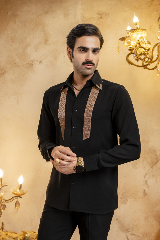 Image of Rose Gold Swarovski Laced Shirt In Zed Black