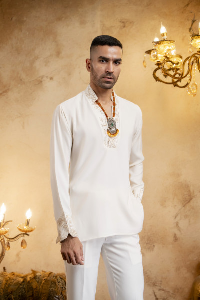 Off White Laced Japanese Cut Neck Kurta