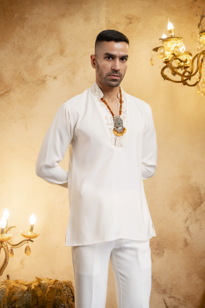 Off White Laced Japanese Cut Neck Kurta