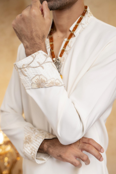 Off White Laced Japanese Cut Neck Kurta
