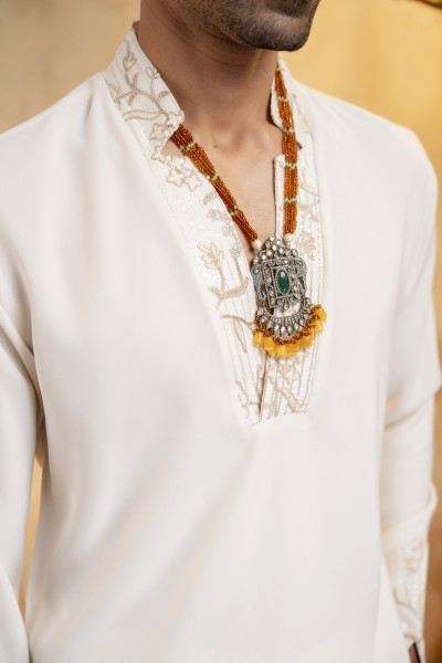 Off White Laced Japanese Cut Neck Kurta