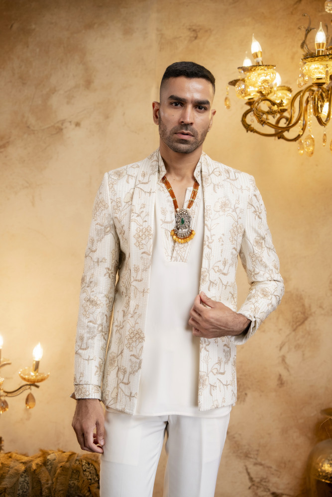 Image of Lapelled Open Bandhgala In Off White