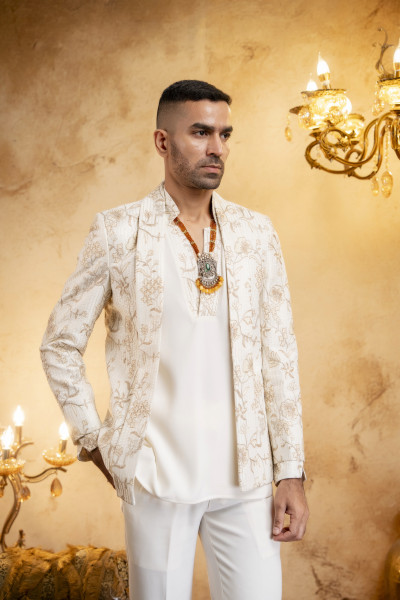 Lapelled Open Bandhgala In Off White