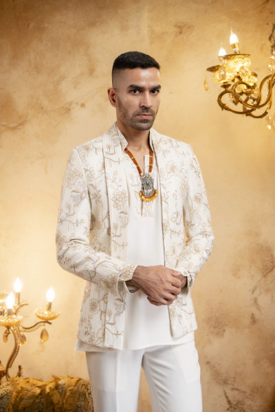 Lapelled Open Bandhgala In Off White