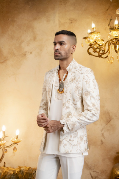 Lapelled Open Bandhgala In Off White